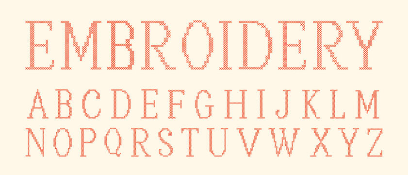 Cross stitch English alphabet font with uppercase serif letters. A whimsical pixelated embroidery needlework typeface for wedding monograms, cute nursery name prints, decorative textile crafts. Vector