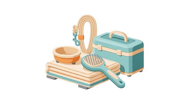 Pet care accessory set with grooming brush, feeding bowl, washable mat, leash coil and storage container in a clean modern vector composition. Pet care concept