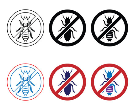 Set of warning signs with termite insect icons in black blue and red colors on transparent background.