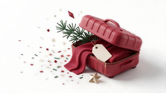 Open suitcase with winter scarf and pine branch surrounded by confetti. Holiday travel concept