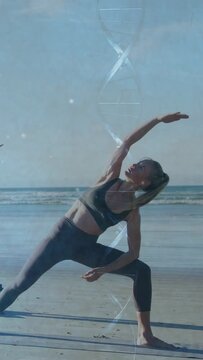 Vertical video: Woman starting from deep inhale, holding side-bend for fitness with helix overlay