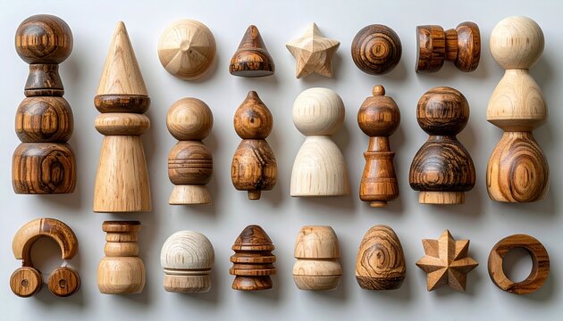 Set of classic wooden toys with simple handcrafted shapes and natural wood textures