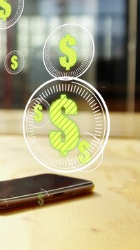 Vertical video: Phone popping causing dollar coins flowing toward phone, growing to show payments