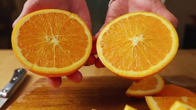 Fresh orange cut in half and held up for close up display