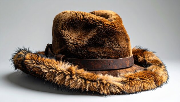 Brown fur-lined trapper hat with rustic winter fashion design