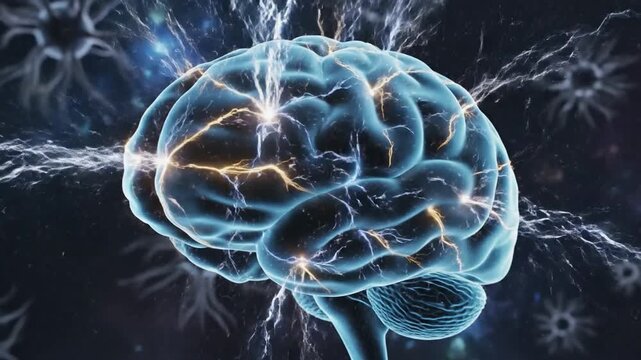 Human brain with glowing electrical impulses representing neural activity and cognitive function