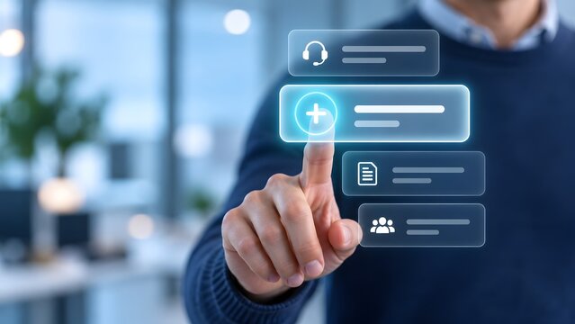 Hand selecting a glowing plus icon on a transparent digital dashboard managing user contacts and document files for workflow expansion