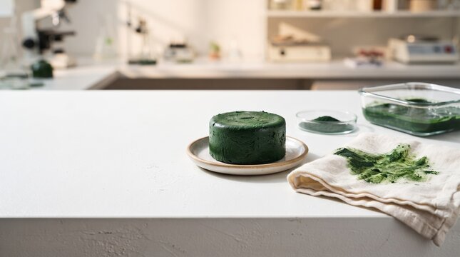 A round block of fresh green spirulina paste sits on a plate in a clean kitchen. Various tools and ingredients surround it, showcasing the process of making this nutritious food.