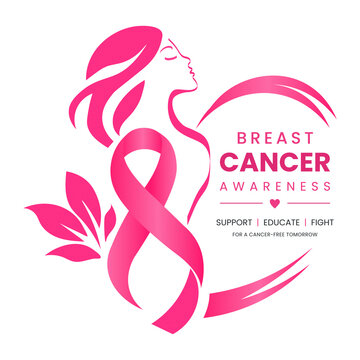 Breast Cancer Awareness Vector Logo Design Featuring Woman Silhouette, Pink Ribbon, Leaves, and Heart Frame on Transparent Background