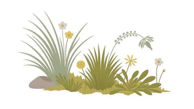 Grass clusters and wildflowers surround smooth stone with curved seed head. Nature vector concept