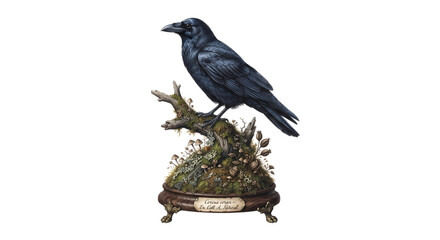 Obraz premium Taxidermy black raven perched on mossy branch museum specimen
