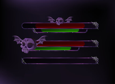 Fantasy Halloween RPG health bar UI set featuring purple gothic frames, skull and bat wing decorations, spiderweb details, and red and green status bars.