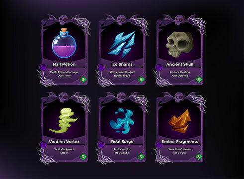 Halloween fantasy TCG card game collection featuring spooky potion, skull, elemental magic, and ability cards with purple gothic frames and spiderweb decorations.