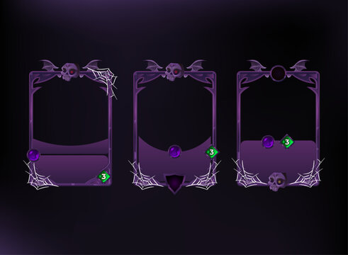 Editable Halloween trading card game template with gothic purple frames, skulls, bat wings, cobwebs, and customizable layouts for fantasy RPG card designs.