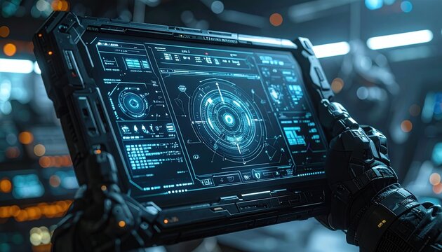 Rugged sci-fi tablet displaying surveillance feeds, futuristic military technology