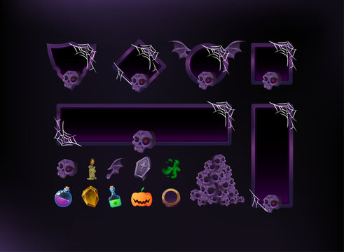 Halloween fantasy game UI GUI frame template featuring customizable purple panels, gothic skull decorations, bat wings, cobwebs, and magical item icons for RPG interfaces.