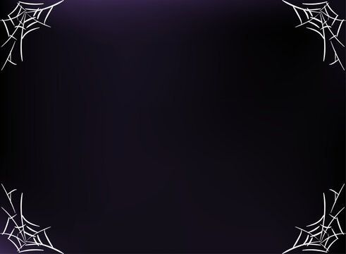 Dark purple Halloween background with white spiderweb corner decorations, spooky gothic atmosphere, and empty central space for seasonal designs.