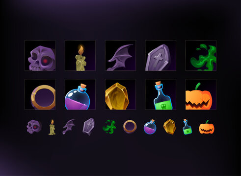 Halloween fantasy game asset collection featuring spooky skulls, candles, bats, tombstones, magical potions, pumpkins, and mystical items in a colorful cartoon style.