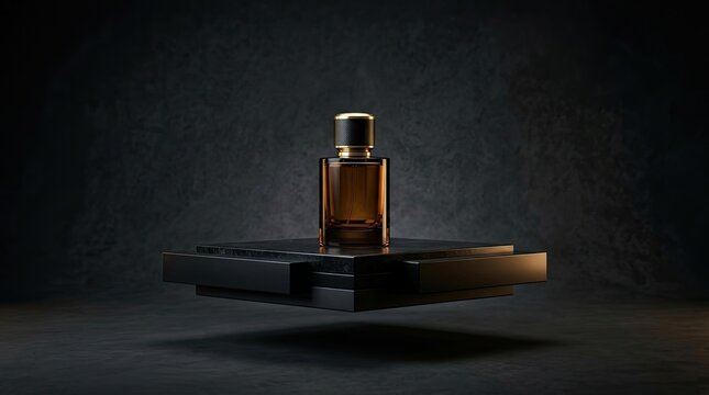 A solitary perfume bottle on a black platform against a dark background.