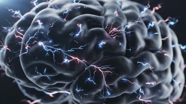 Human brain with glowing electrical pulses representing neural activity and synapses