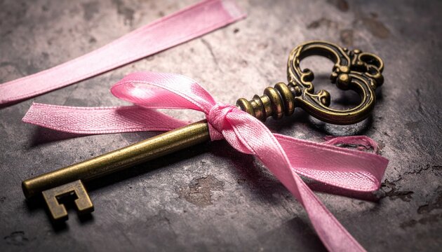 Antique brass skeleton key tied with pink ribbon, vintage mystery concept