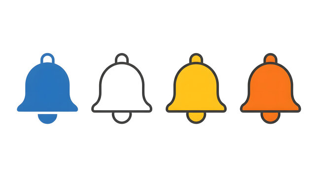 Set of four colorful notification bell icons isolated on white background transparent background
