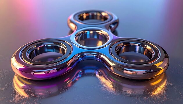 Three metallic tri fidget spinners with sleek reflective finishes for stress relief and desk toys