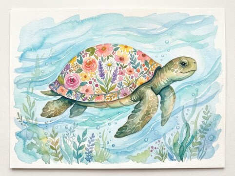 Sea turtle with a colorful floral pattern on its shell swims in a blue watercolor ocean.