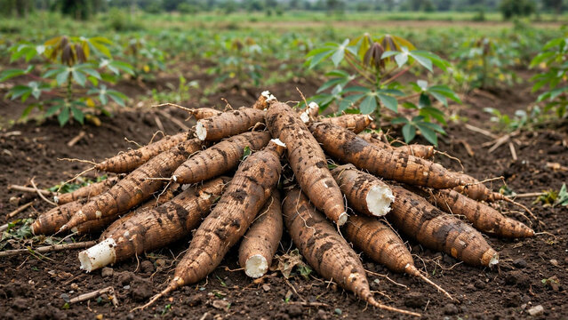 Pile of freshly harvested cassava roots on farmland soil in field