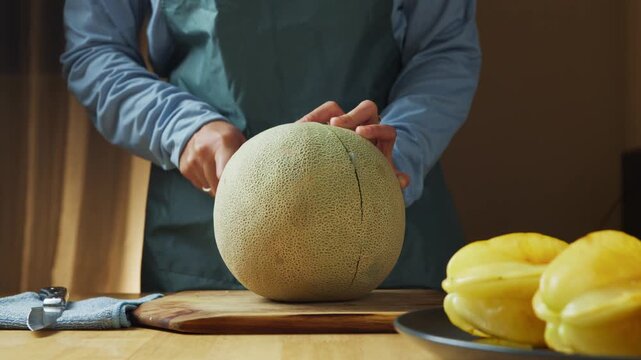 Fresh honeydew melon cut in half on top of wooden table