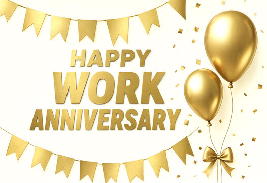 Golden celebration banner with balloons for work anniversary greeting card design
