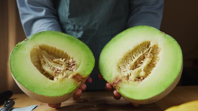 Fresh honeydew melon cut in half and held up for close up display