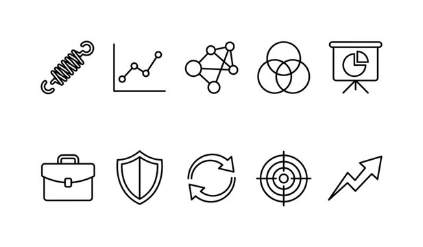 Business Resilience Analytics, line icon set featuring elastic spring, line chart, network nodes, Euler diagram, presentation chart, management briefcase, shield, recovery arrows, target, growth