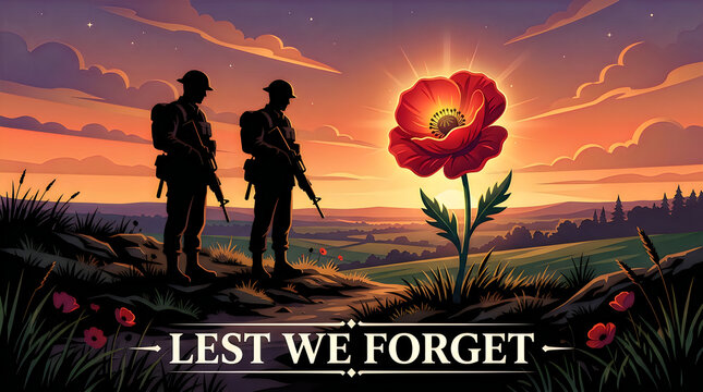 Soldiers standing as silhouettes near large red poppy flower memorial remembrance.