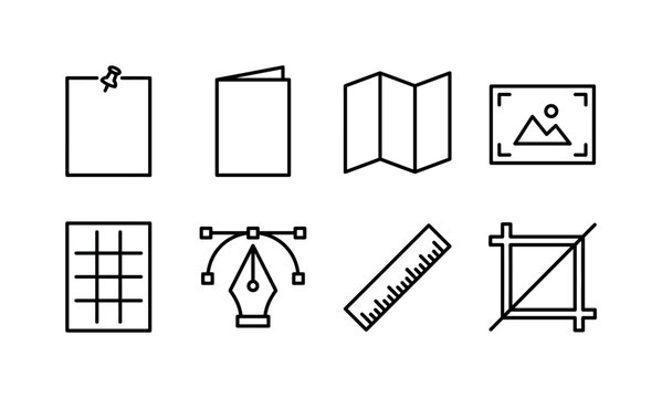 Poster Flyer Design Tools, line icon set featuring poster sheet, flyer card, brochure fold, image frame, layout grid, pen tool, ruler, crop frame, covering graphic templates, print design, advertising