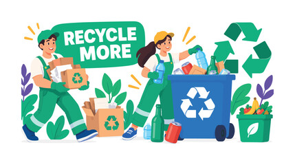 Fototapeta premium Recycling Waste Management — banner, lively asymmetric recycling scene with 2 expressive eco workers interacting with an oversized recycling bin and giant circular-arrow container mark, one character