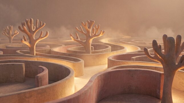 Artificial intelligence concepts, an ethereal maze with softly glowing paths and gentle decision trees
