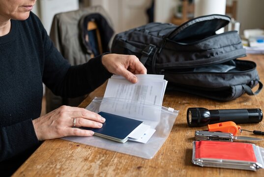 A person is organizing important documents in a clear folder on a table. A backpack rests nearby. Items like a flashlight and tools are also visible