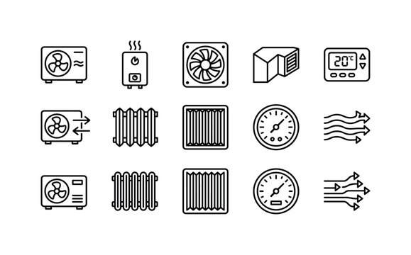 HVAC Climate Systems, line icon set featuring air conditioner, furnace, ventilation fan, duct, thermostat, heat pump, radiator, air filter, temperature gauge and airflow arrows, covering heating,