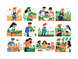 Fototapeta premium World Food Day. Food, agriculture, farming, grain, nutrition, sustainability and responsible food systems. 12 minimalist editorial vector scenes: Farmer harvests grain, Person carries a produce crate,