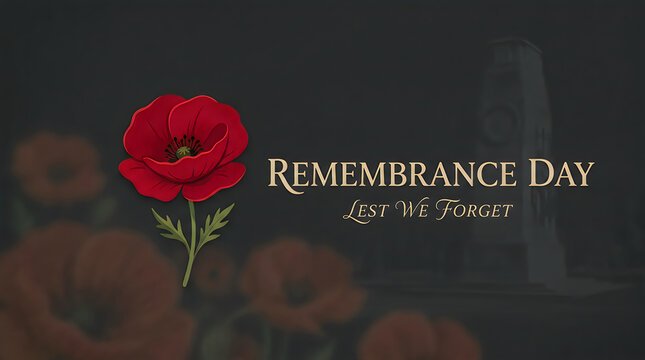Remembrance day lest we forget with a red poppy flower and a subtle memorial background.