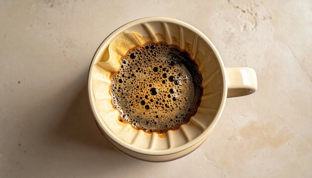 Beige ceramic coffee dripper viewed from above for manual pour-over brewing