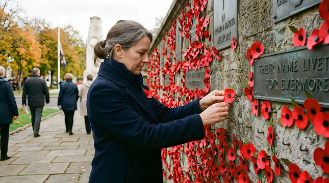 Woman places red poppy on wall of remembrance monument honoring fallen soldiers Lest we forget.