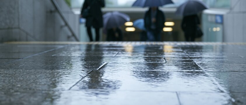 People walking with umbrellas on wet pavement