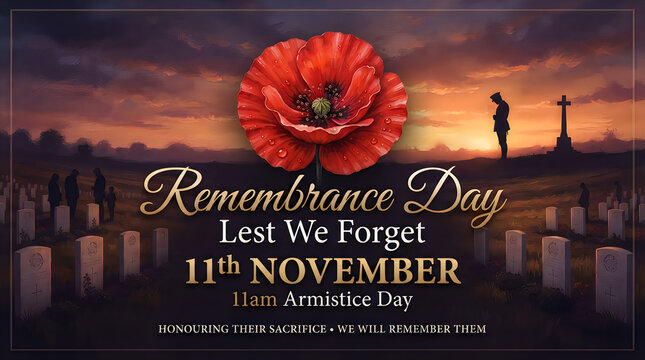 Remembrance day memorial card featuring poppy bloom and silhouettes at sunset sky.