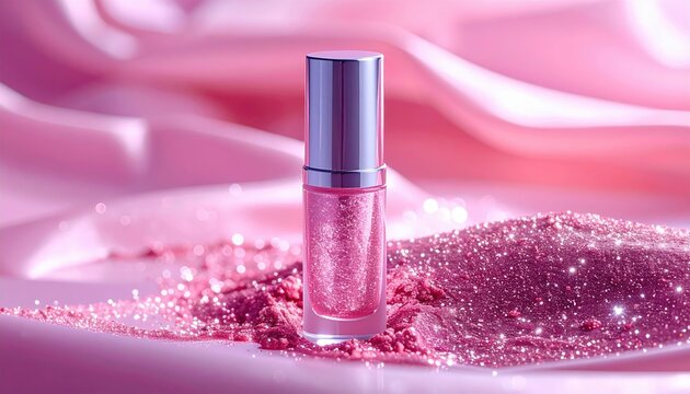 Pink glitter lip gloss tube with silver cap, Y2K beauty cosmetic style