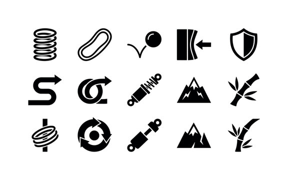 Resilience Flexibility Symbols, solid glyph icon set featuring spring, elastic band, bouncing ball, compressed block, shield, flexible arrow, recovery loop and shock absorber, covering resilience,