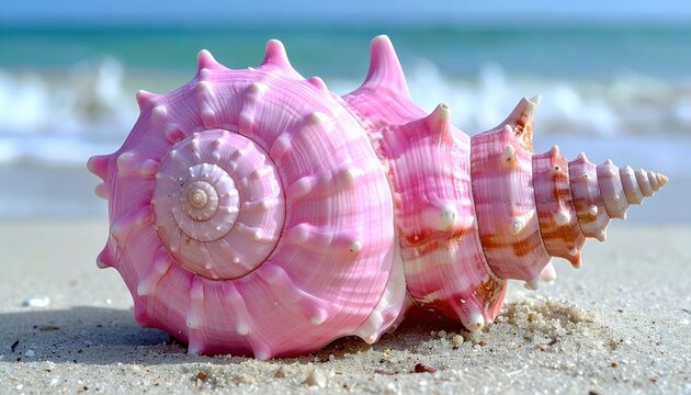 Pink queen conch shell with detailed spiral structure and tropical coastal character