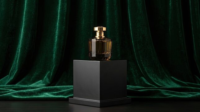 A perfume bottle on a black stand against a dark green velvet backdrop.
