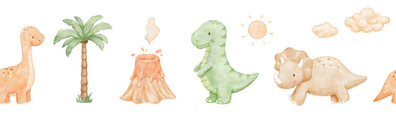 Seamless border with cute baby dinosaur, palm and volcano. Watercolour repeating nursery banner for kids. Colorful isolated illustrations © Elena